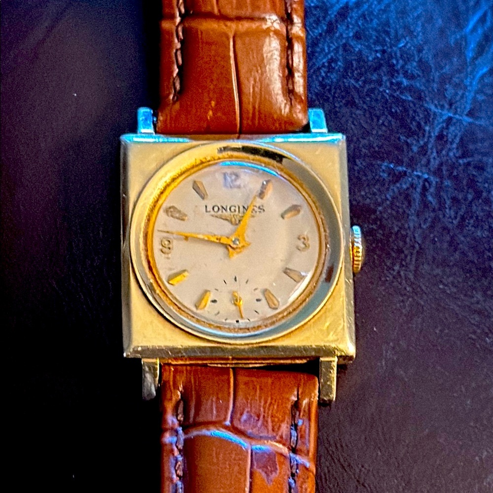 Longines Gold Square Watch with Brown Strap 14k Gold Vintage circa 1950